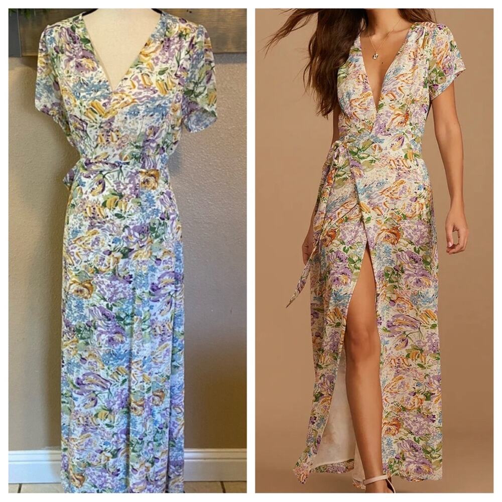Lulus Feels Magical Ivory Floral Print Short Sleeve Wrap Maxi Dress